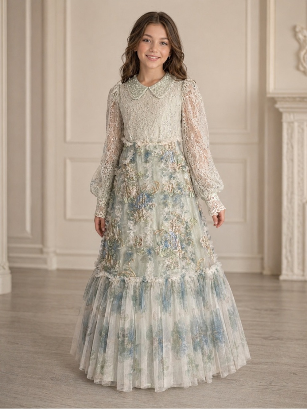 Elegant Girl’s Sugar Pageant Sage, Blue, Gold Beaded Lace Dress 12-14